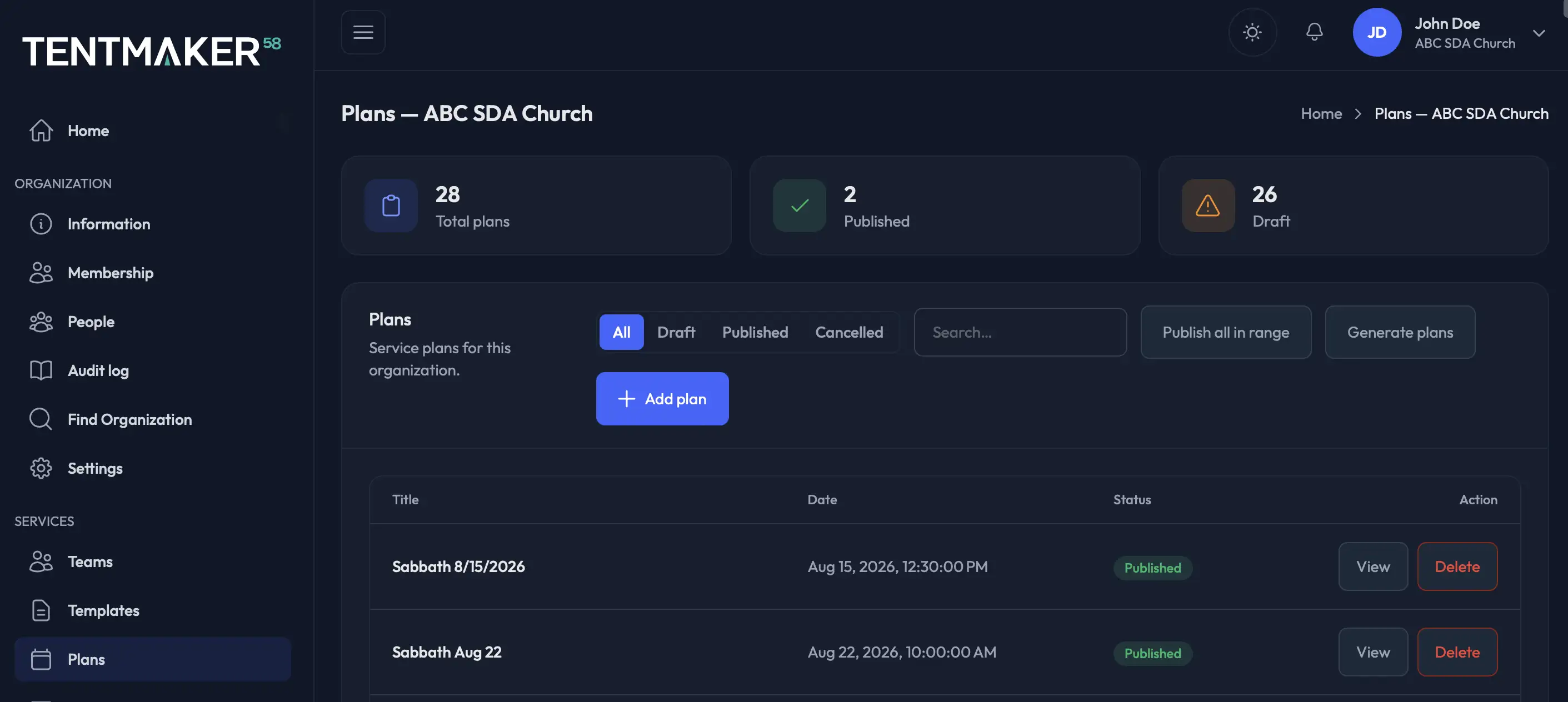 Tentmaker58 Worship team scheduling screen